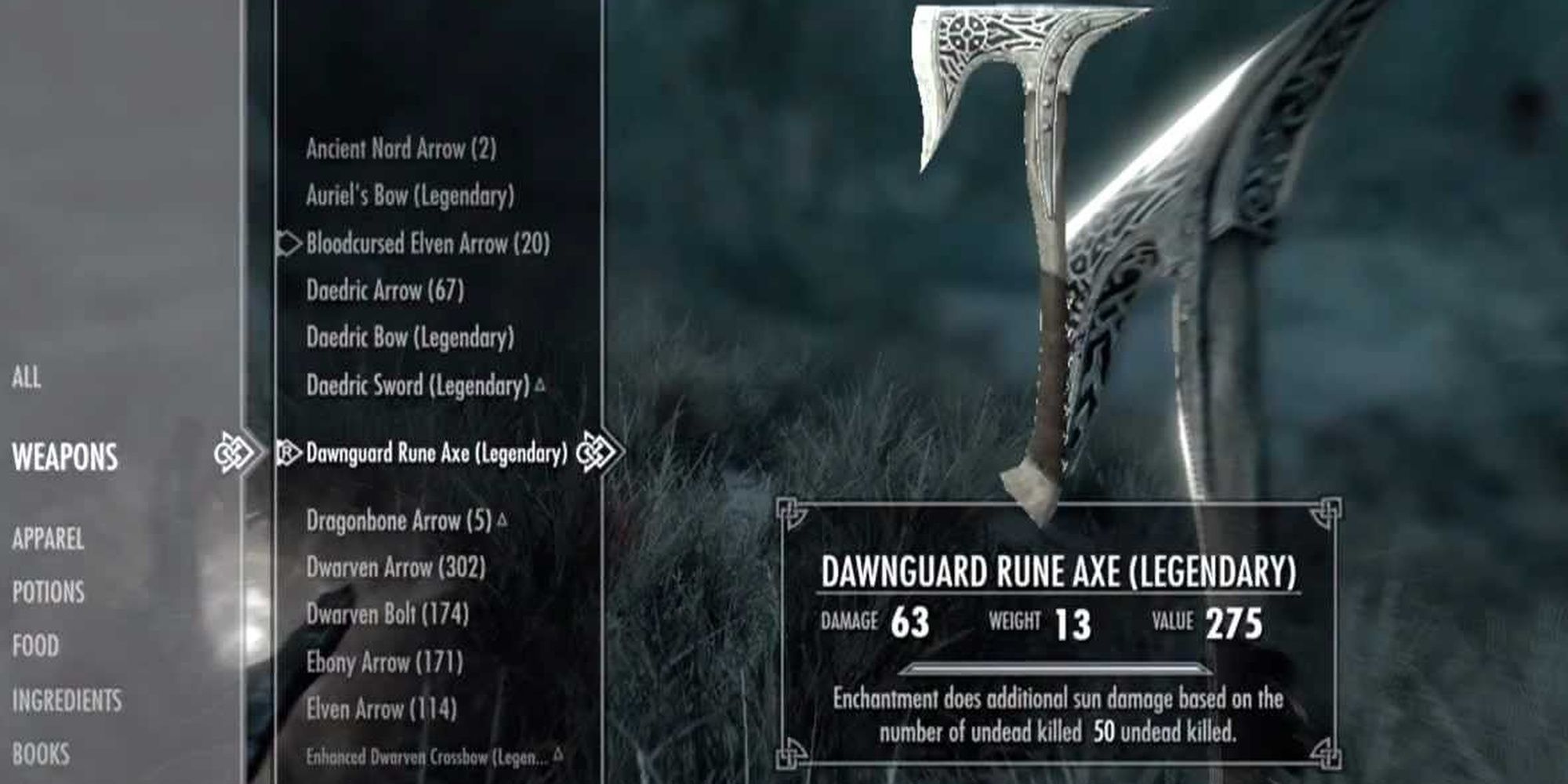 Skyrim: Dawngaurd Rune Axe And An Example Of Its Sun Damage Stat Buff
