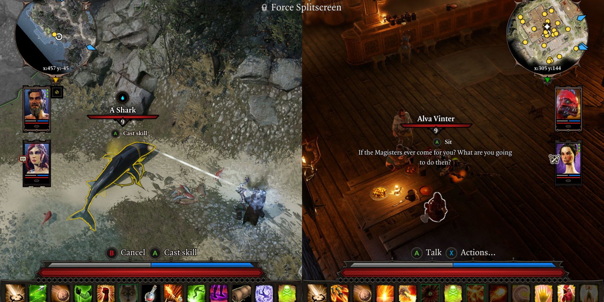 dos2 splitscreen attacking a shark and dialogue at a bar