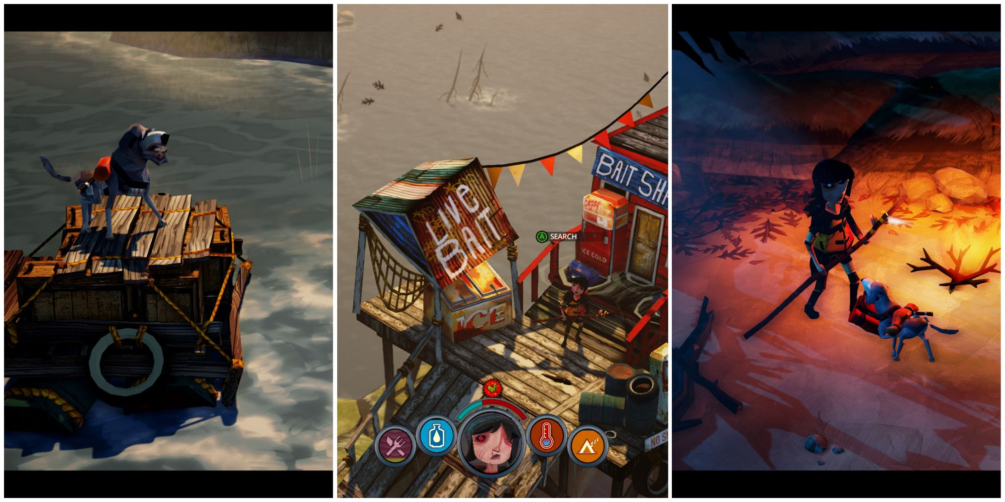 dog on raft, scout character at bait shop, scout and dog in the flame and the flood featured