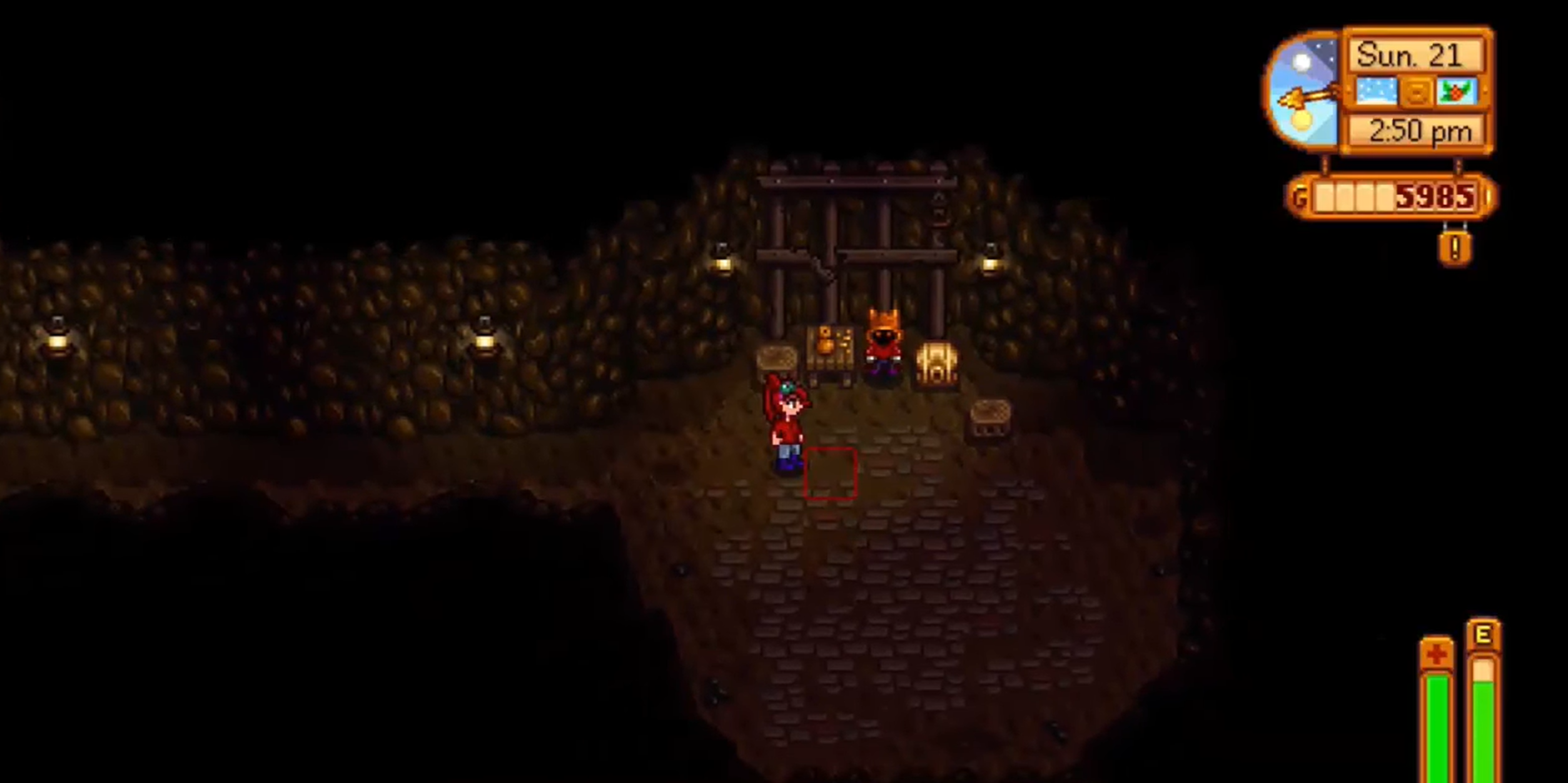 A player visits the Dwarf in the mines, to the right of the mine entrance