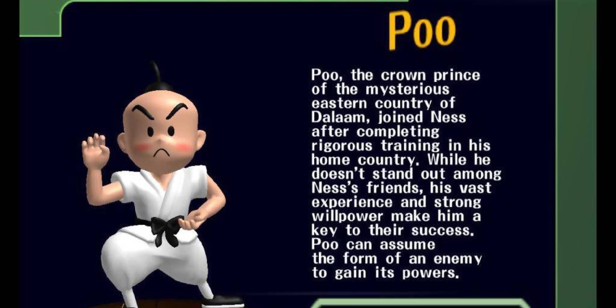 A trophy of Poo, from Earthbound, featured in Super Smash Bros. Melee