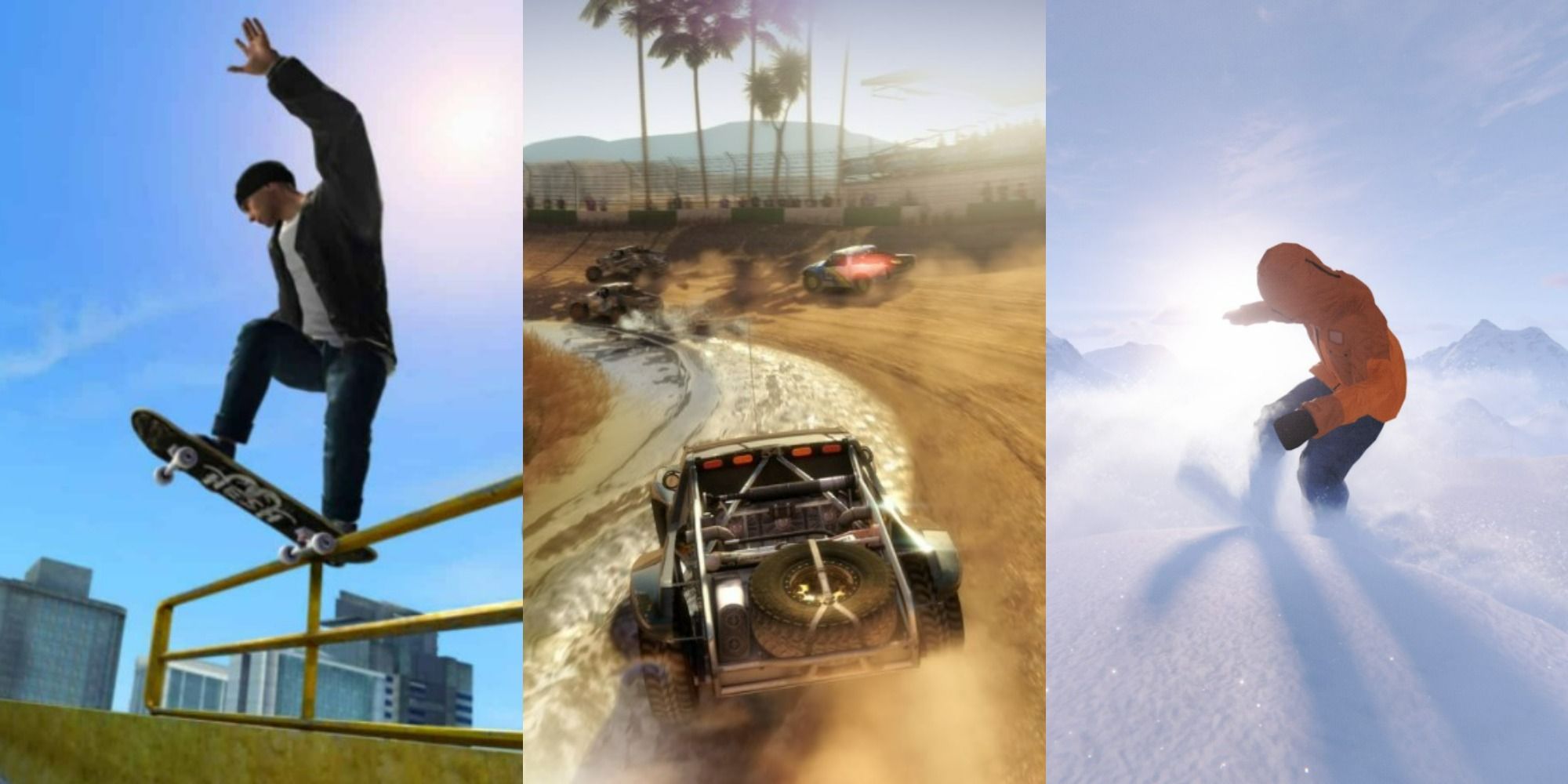ea's skate with skater grinding a rail, dirt 2 buggy race, shredders snowboarding through powder featured