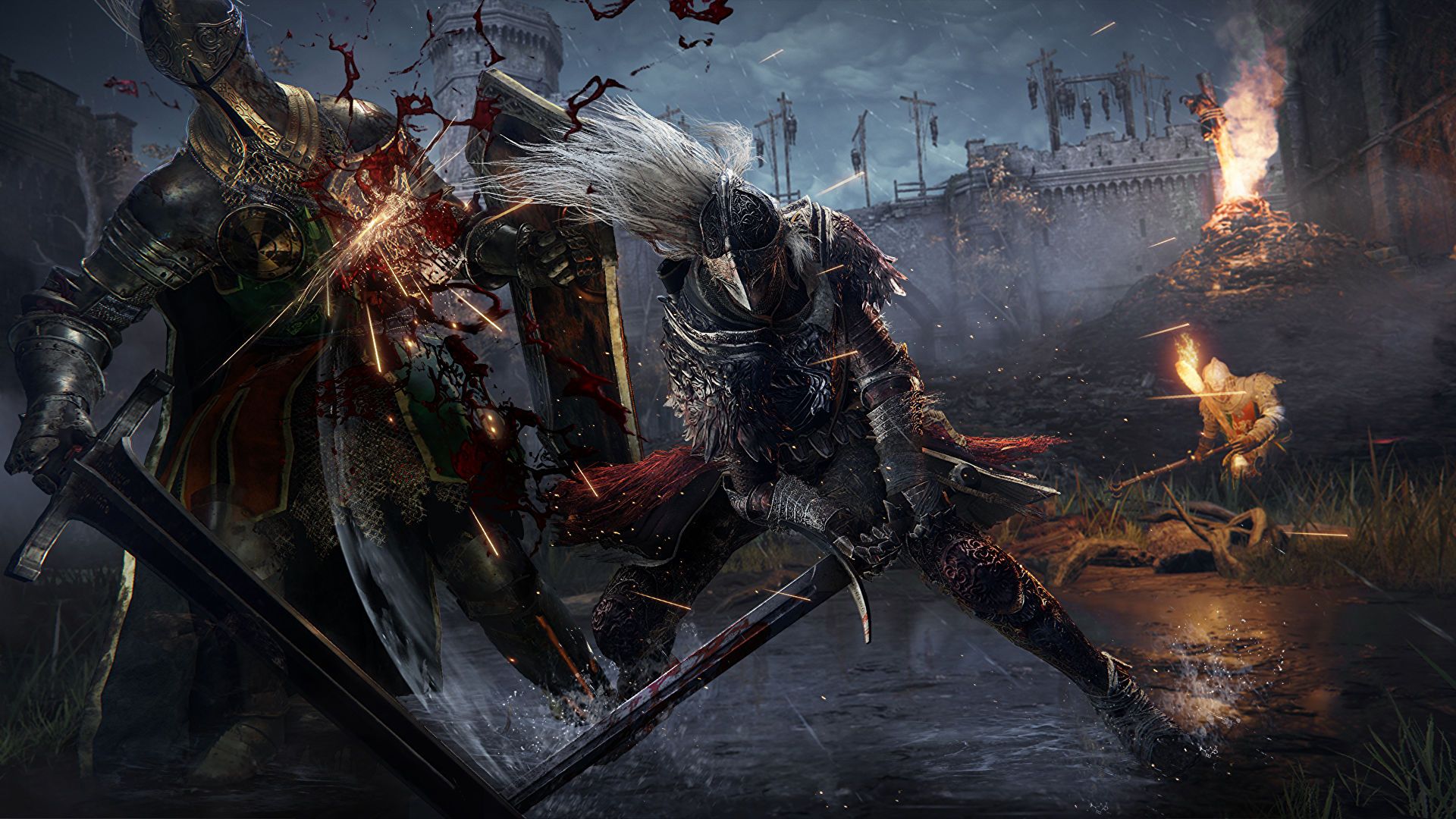 Screenshot of Elden Ring's main character attacking a knight enemy