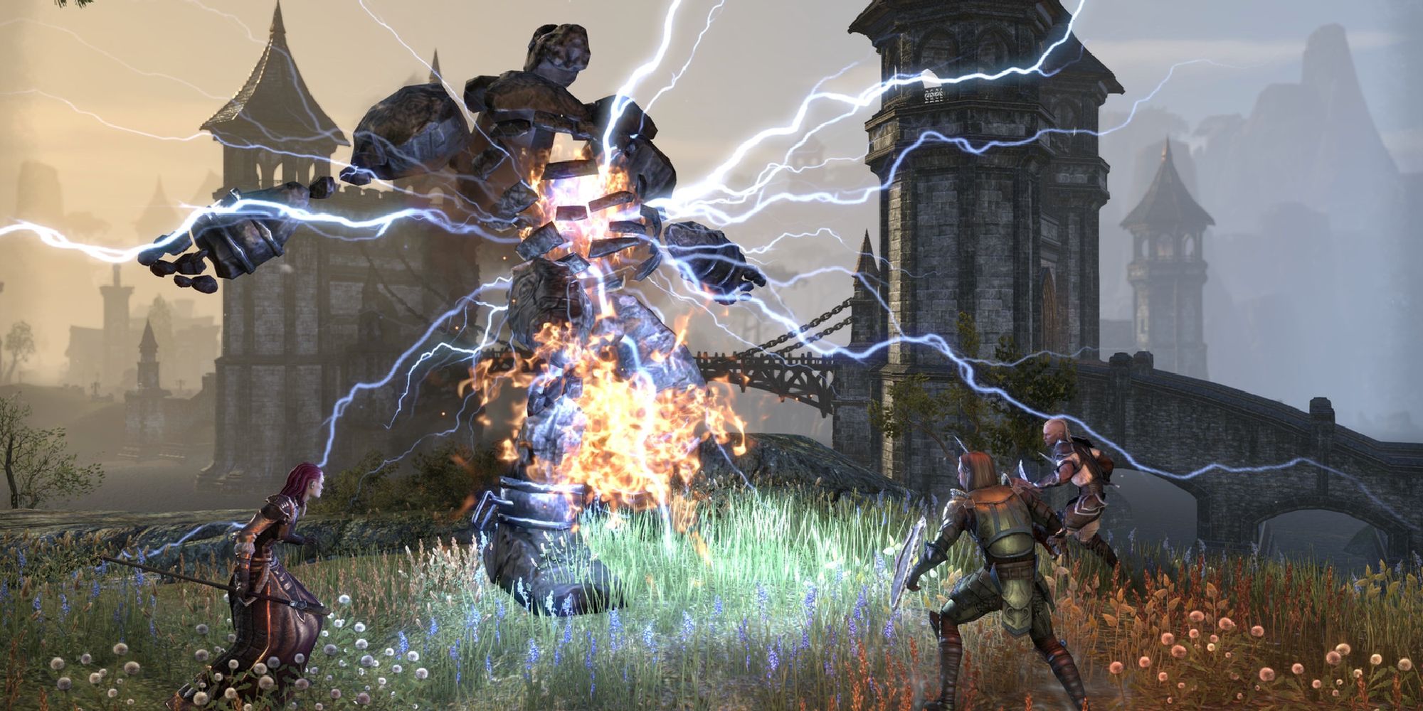 players attacking enemy with lightning effect 