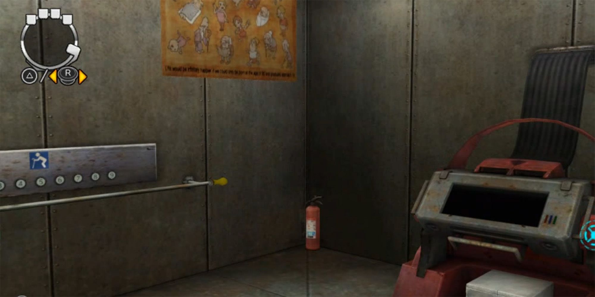 the right wall of the elevator, with red machine, fire extinguisher, handlebar railing, and poster