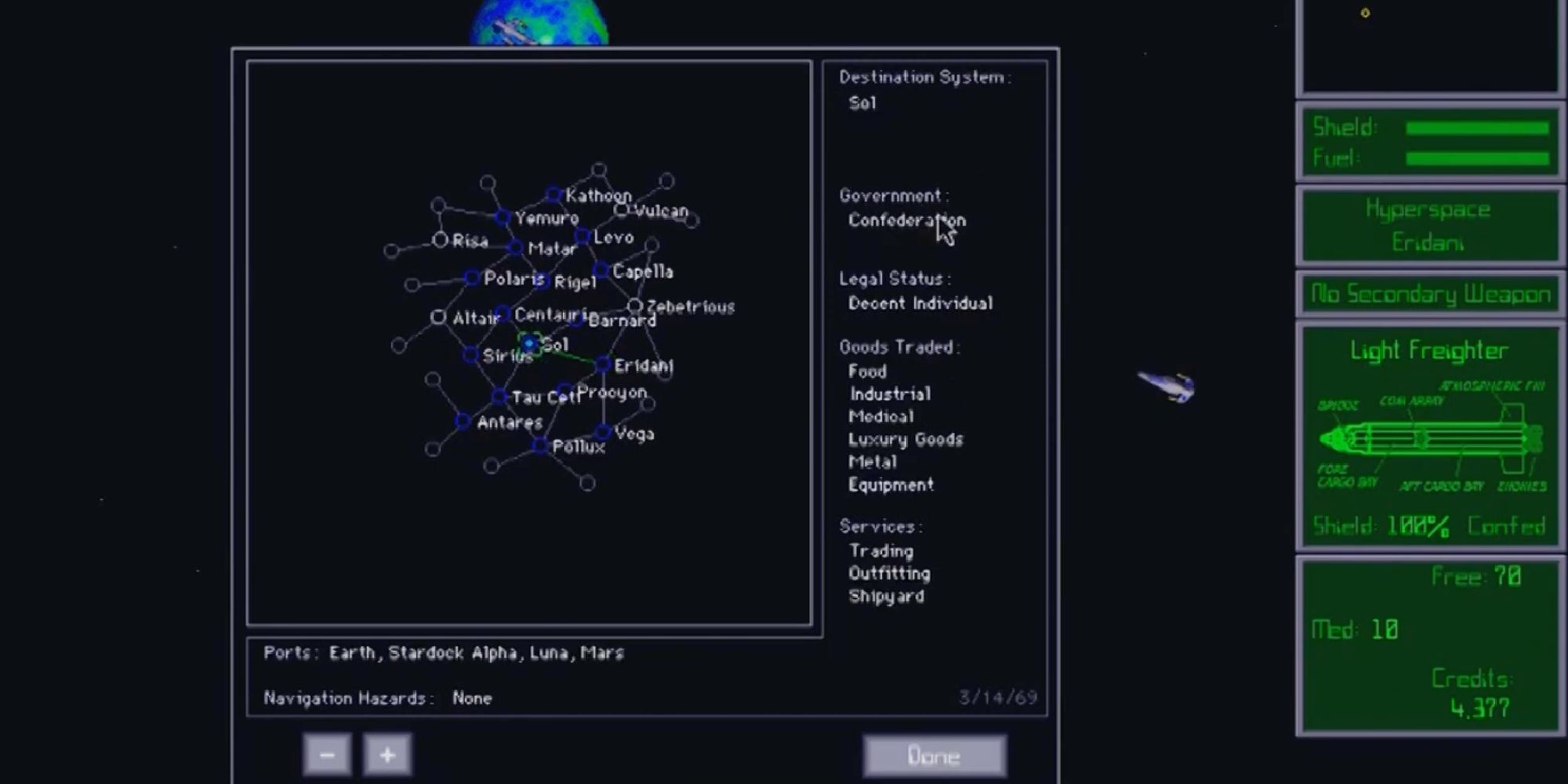 A screenshot from Escape Velocity, showing the player selecting which star system to fly to