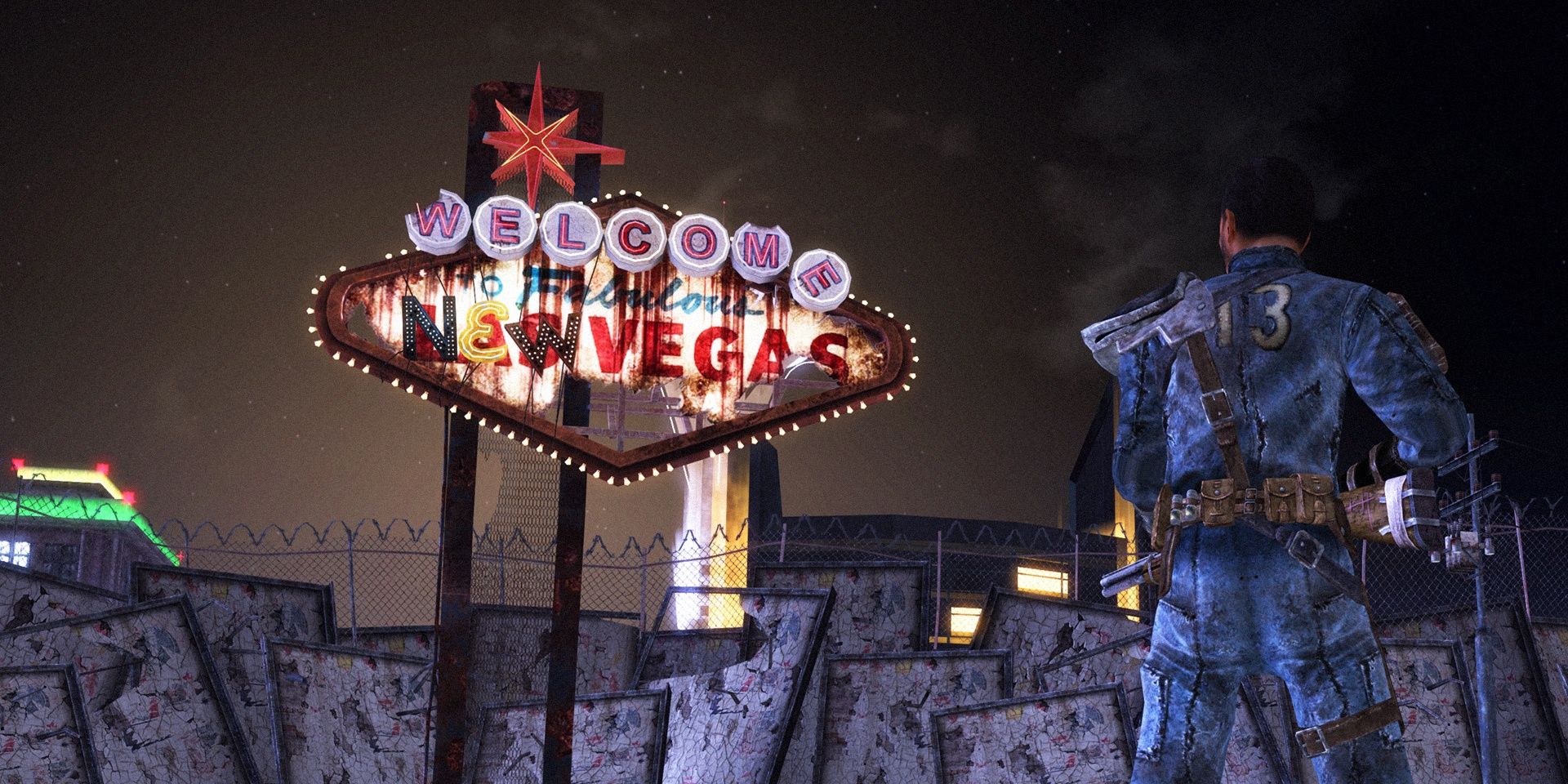 A screenshot showing the Welcome to New Vegas sign in Fallout: New Vegas