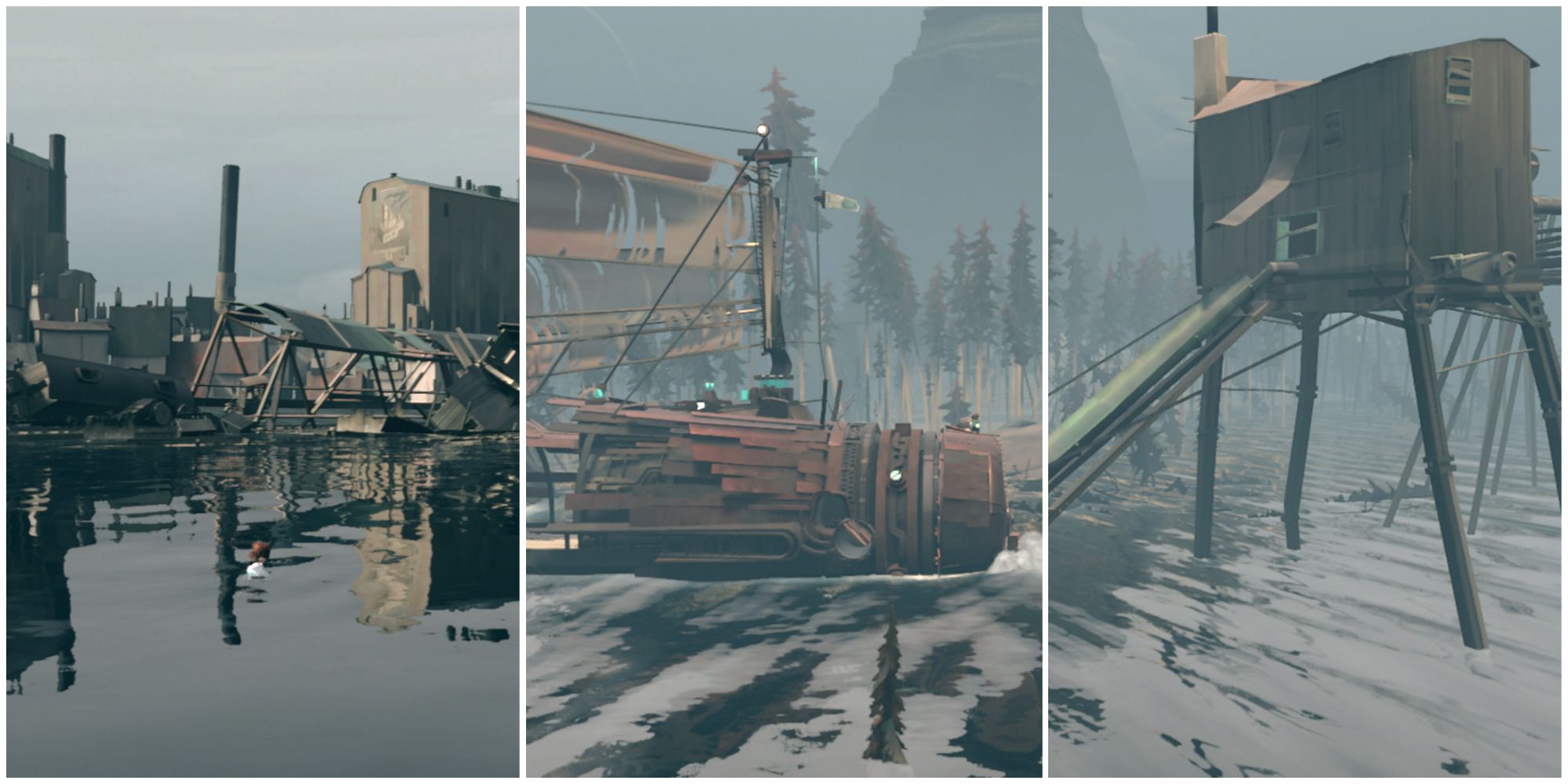 far changing tides character swimming in demolished city, ship on river, sawmill chute featured