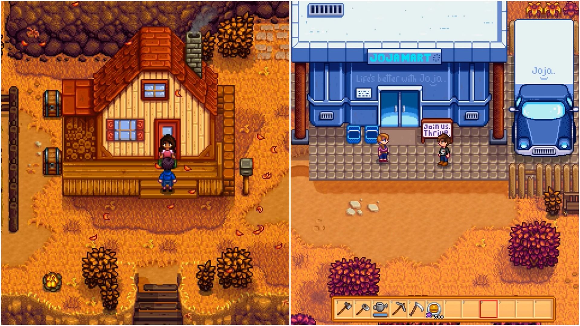 A split-image featuring a player with Shane in front of their house (left) and a player with Jodi at Joja Mart (right)