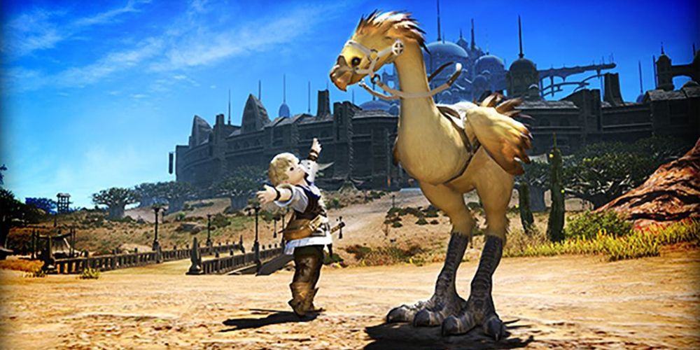 A Lalafell straining to reach up to a yellow Chocobo with the city of Ul'dah in the background.