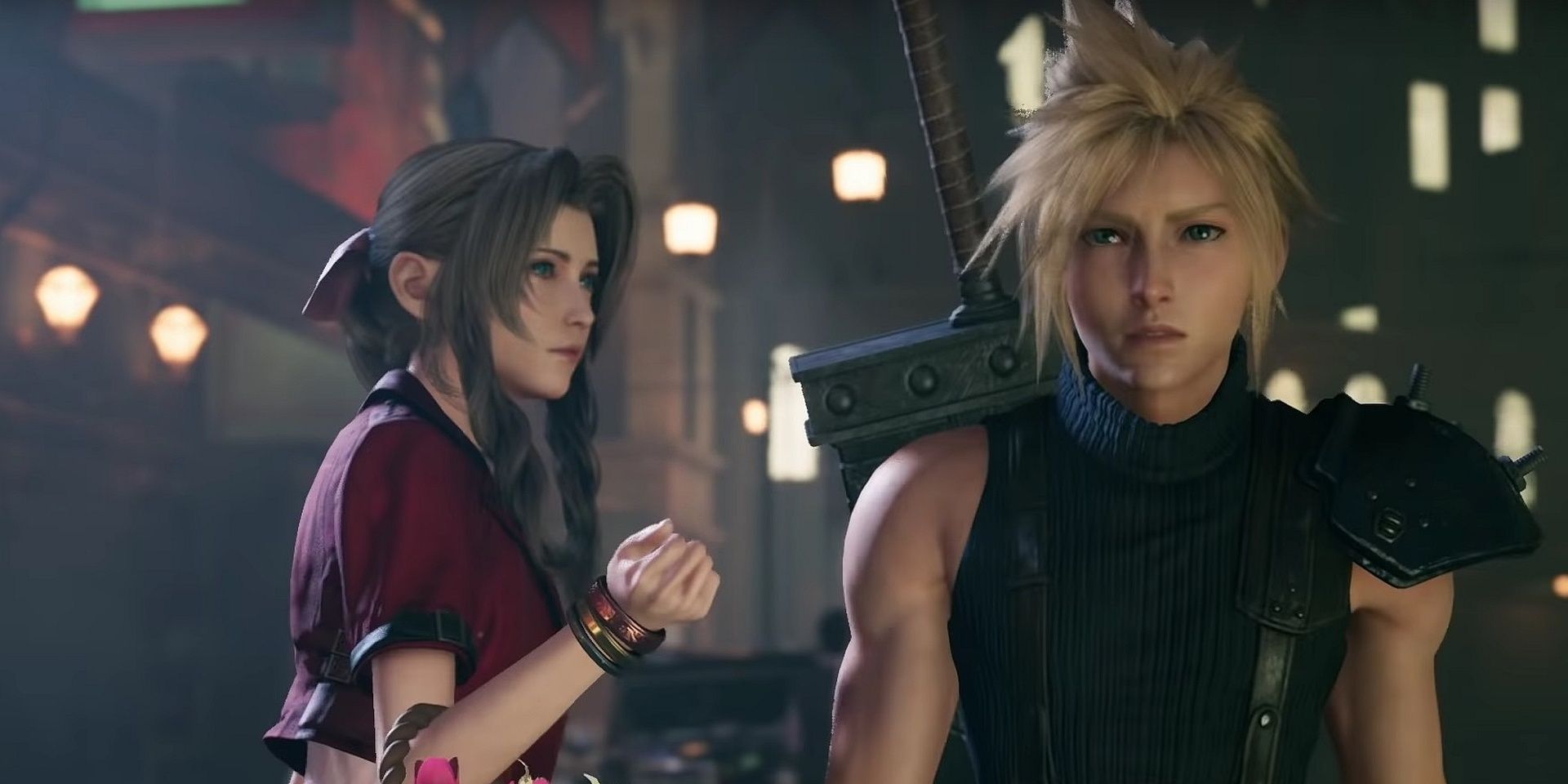 A screenshot showing Aerith Gainsborough and Cloud Strife in Final Fantasy 7 Remake