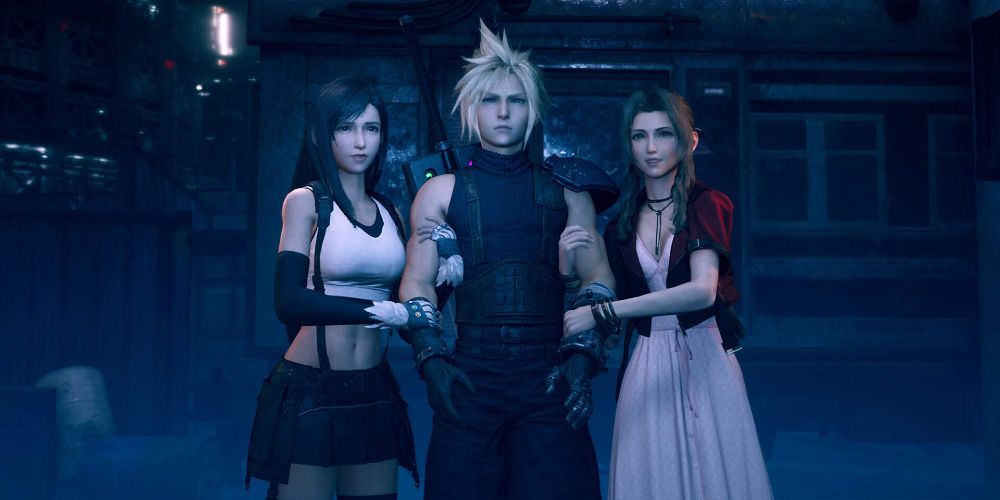 final fantasy 7 remake cloud being hugged by tifa and aerith