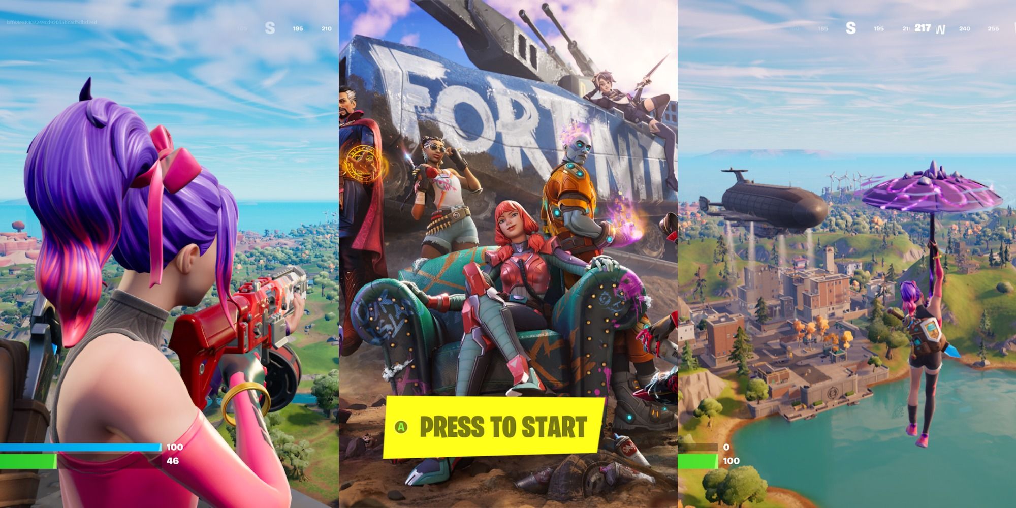 fortnite character with drum shotgun, fortnite resistance chapter title screen, fortnite character with storm umbrella featured
