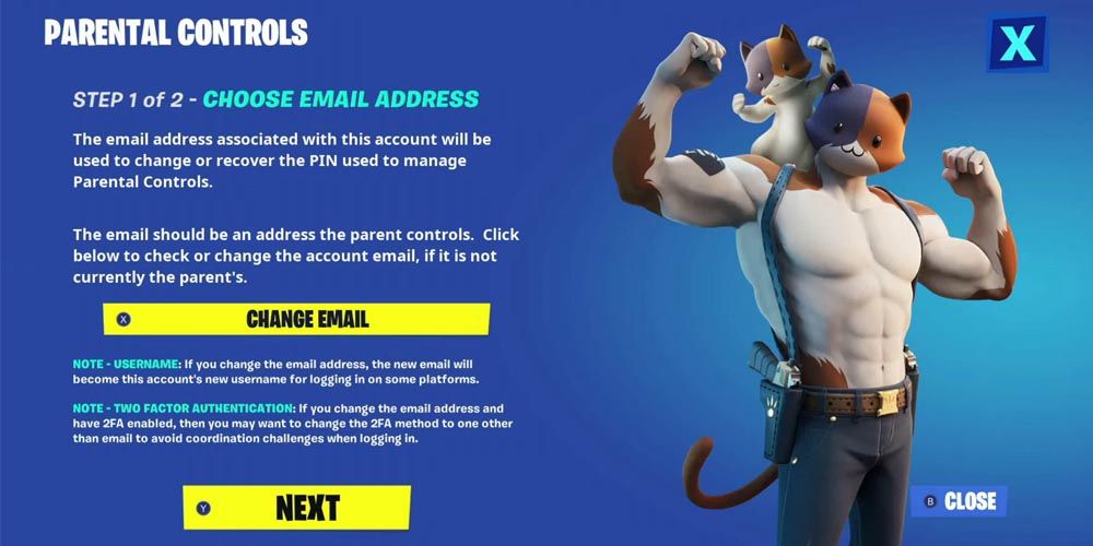 Fortnite's parental controls email set up screen