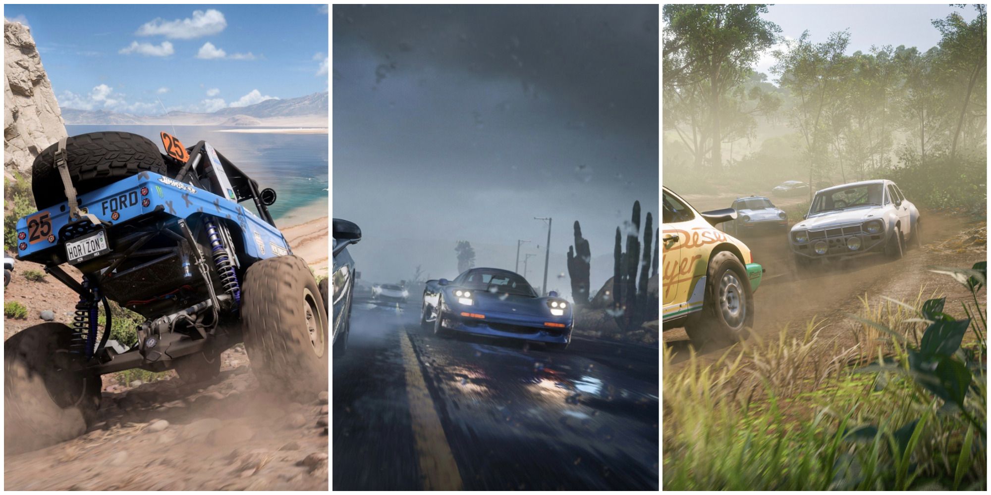 forza horizon 5 truck driving to beach, sports car on rainy road, rally cars on dirt track featured