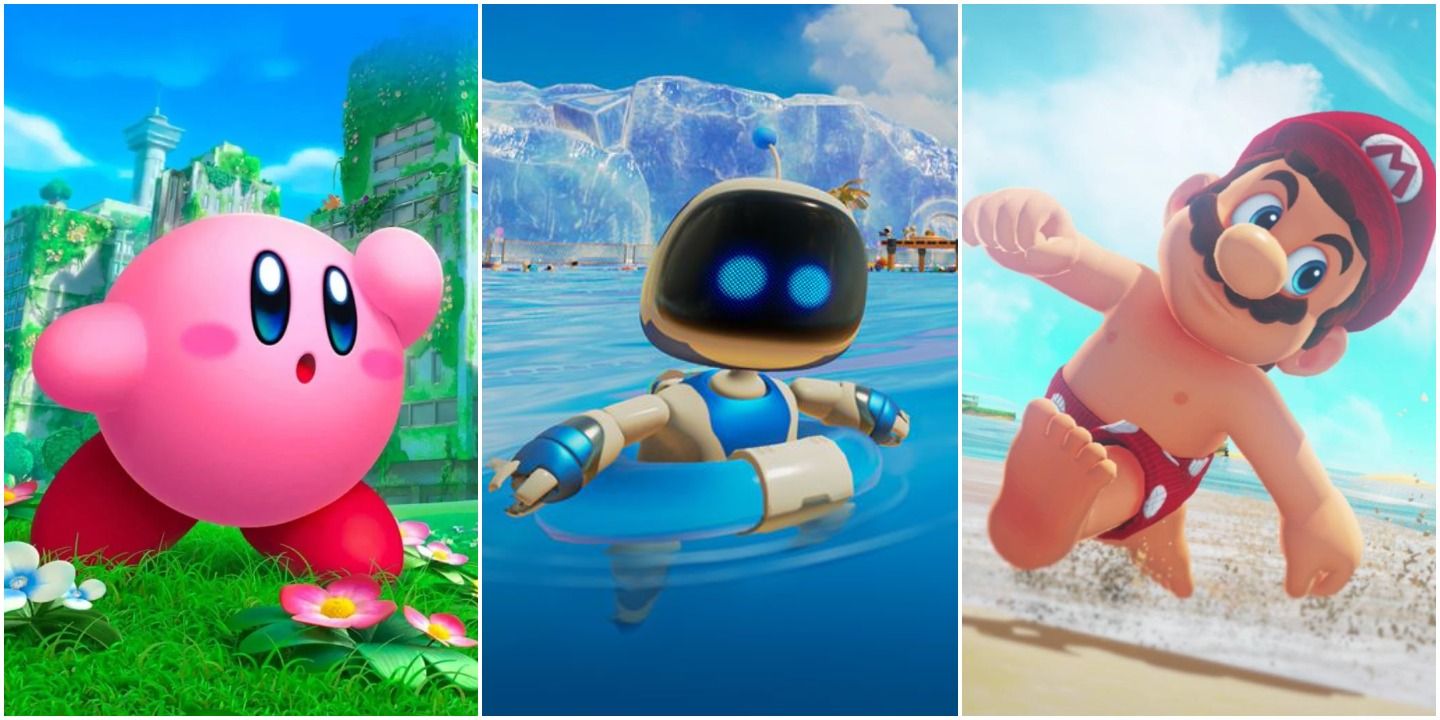 A collage showing Kirby, Astro Bot and Mario