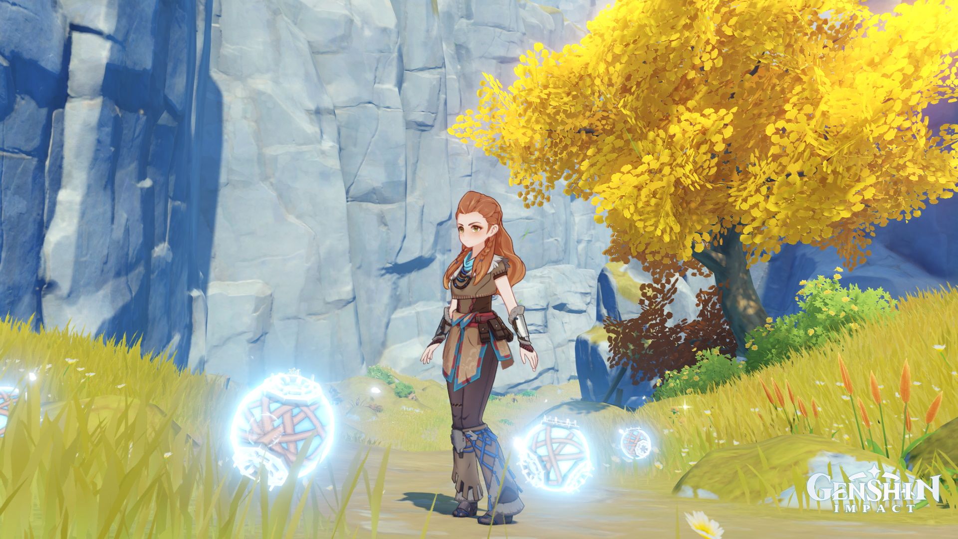 Aloy stands near her Cryo bomblets, which grant attack buffs to the party