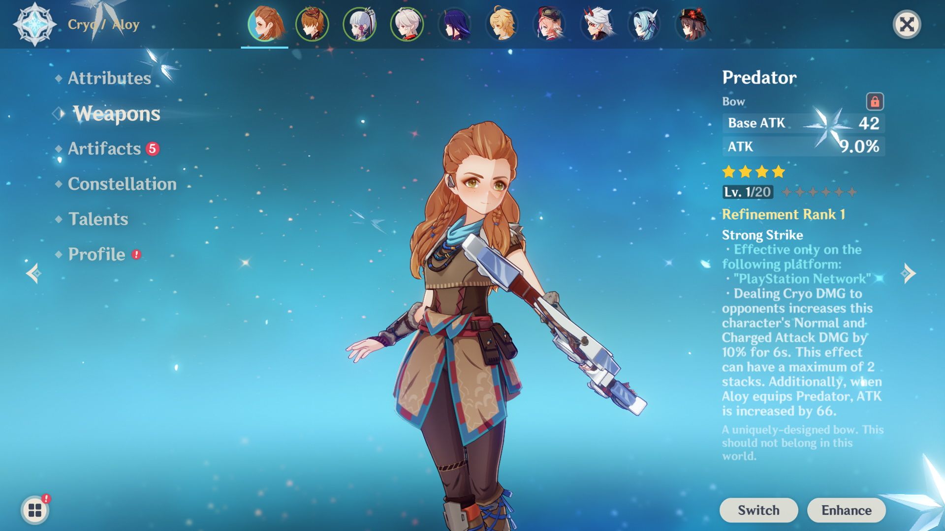 Aloy's weapon screen, showing Aloy holding her signature Predator bow