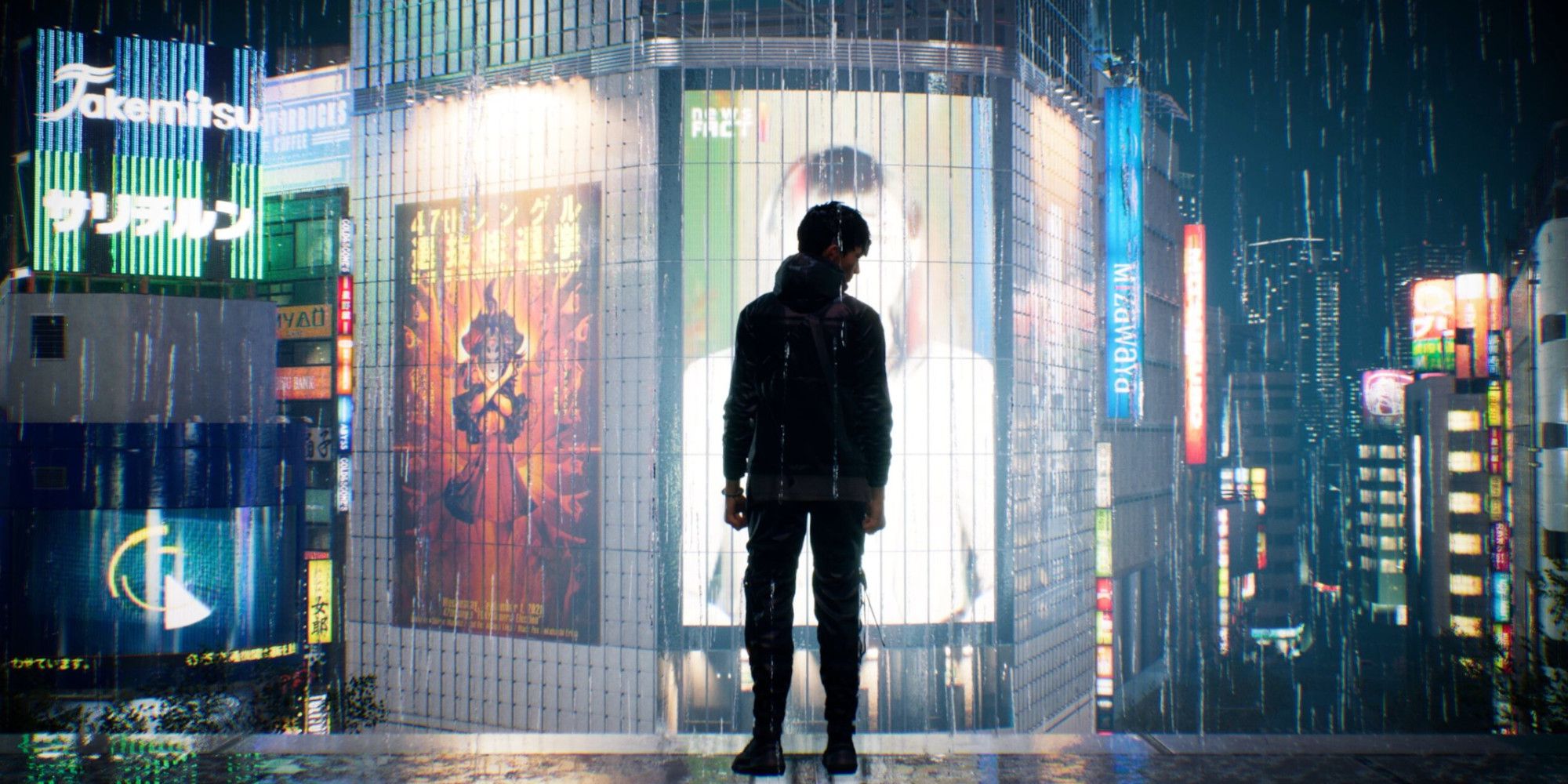 A shot of Ghostwire: Tokyo's protagonist, Akito stood in front of a large screen in the Shibuya Scramble with his back turned as rain pours down.