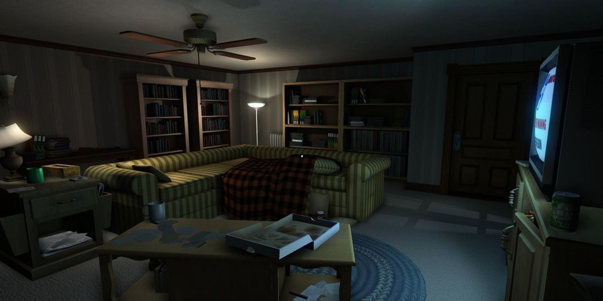 A screenshot showing an empty living room in Gone Home