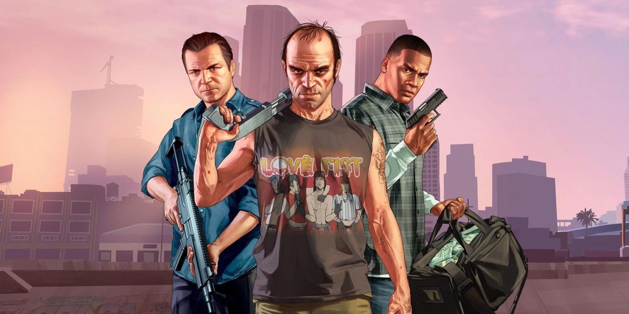 A promotional artwork of GTA 5 showing all the main protagonists.