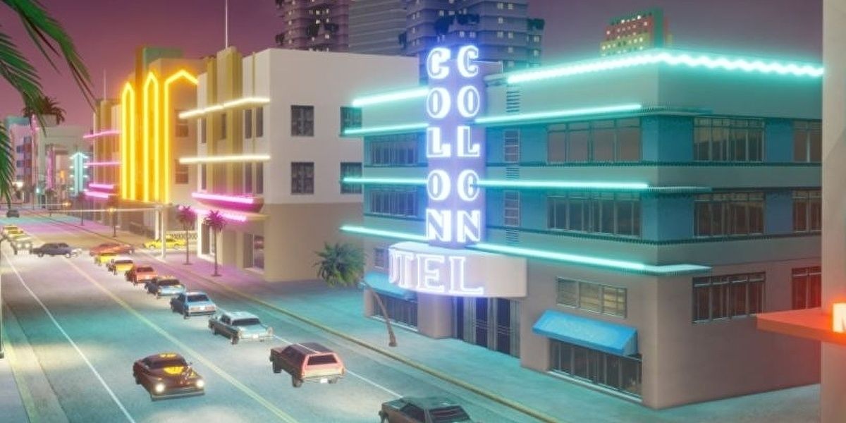 A screenshot showing Ocean Drive in Grand Theft Auto: Vice City