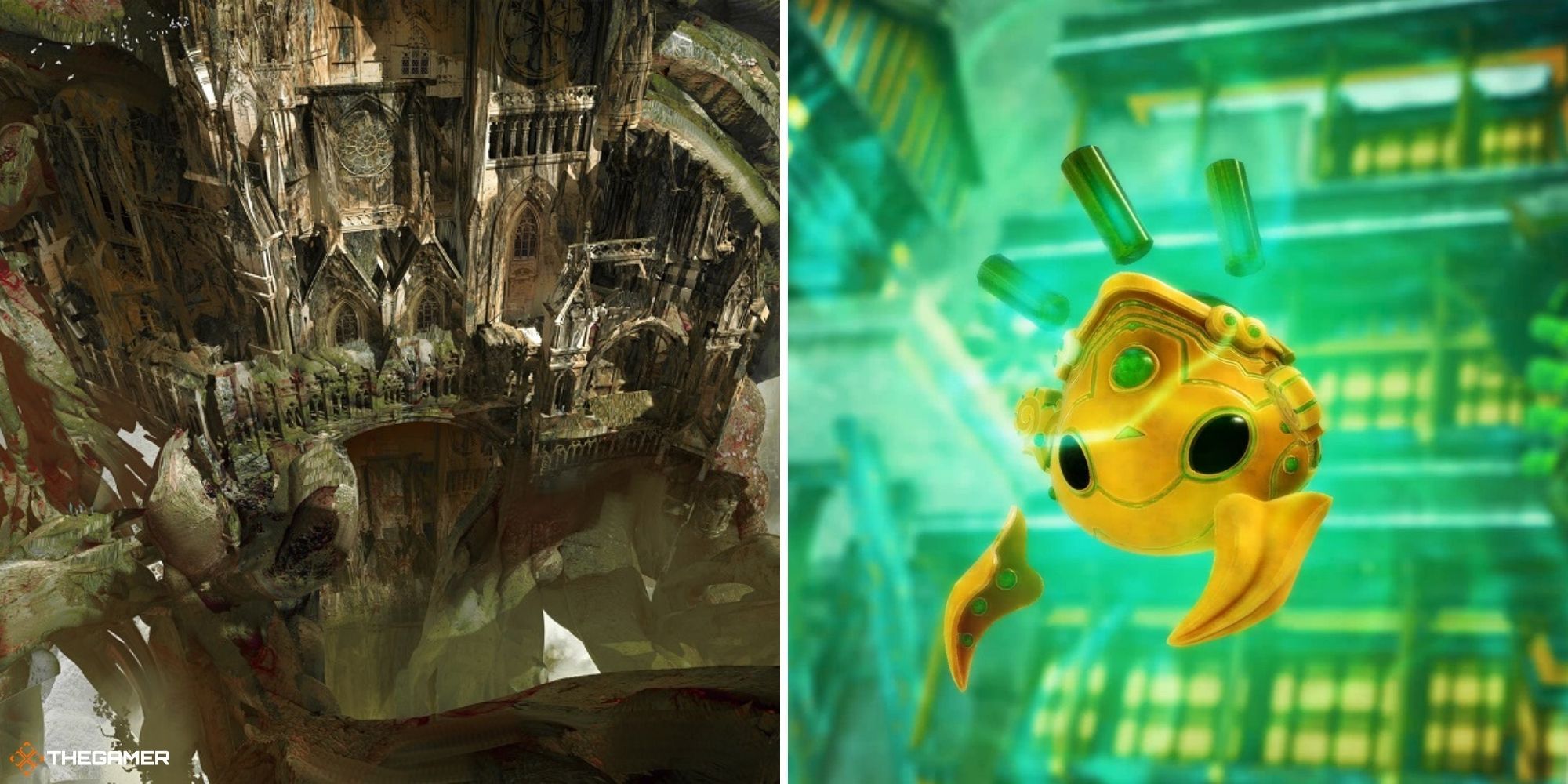 guild wars 2 end of dragons - arborstone concept art on left, jade bot on right