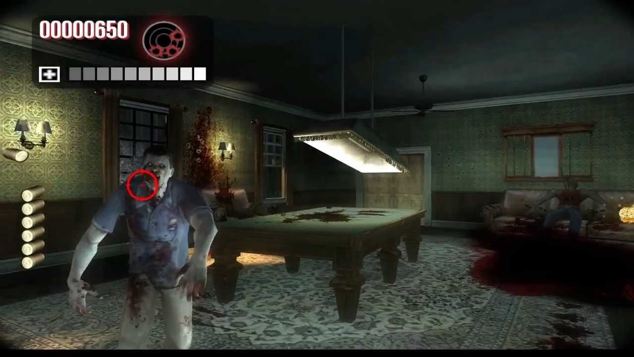 The player aims at a zombie in House of the Dead Overkill
