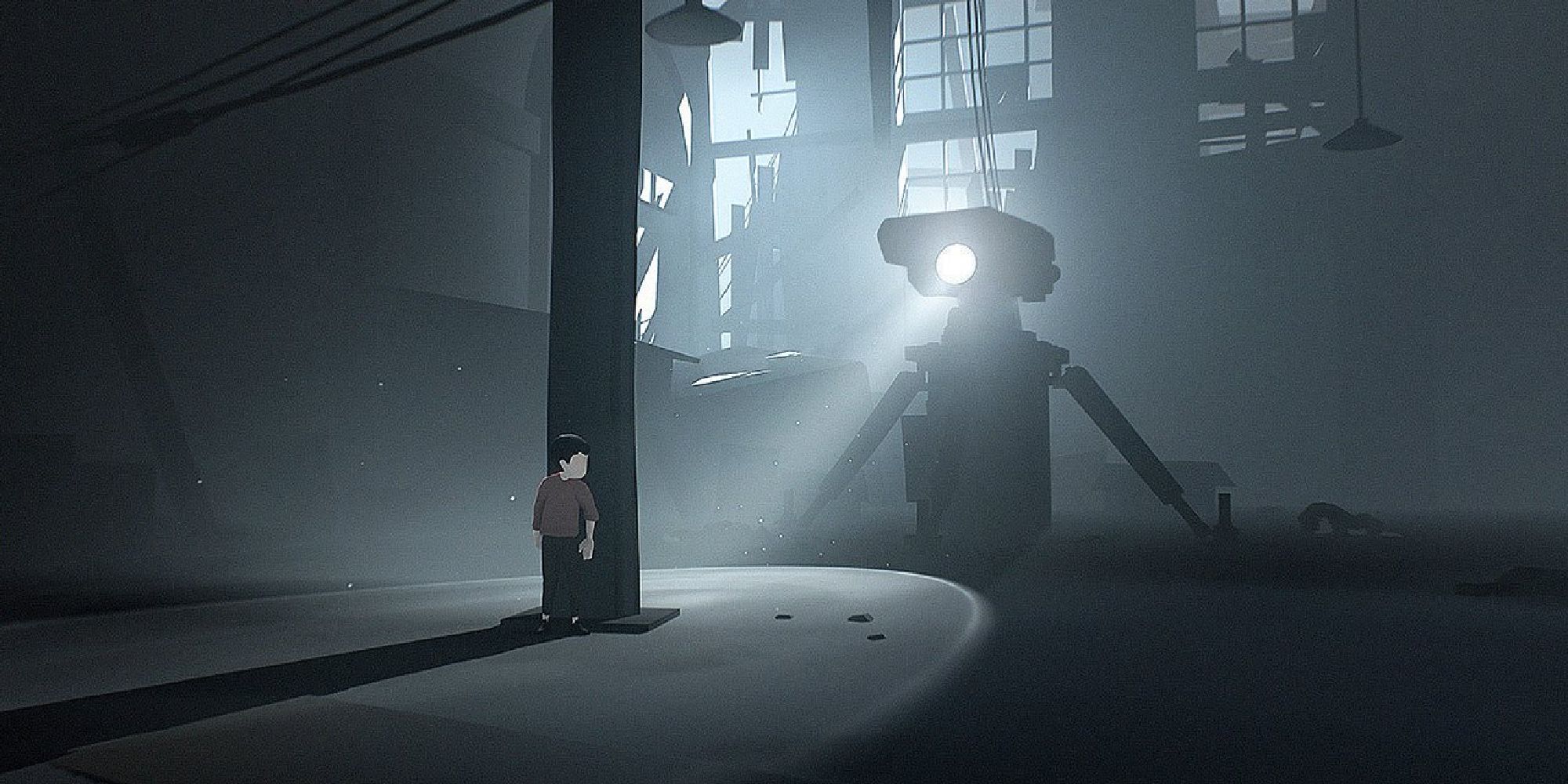 A screenshot of Playdead's Inside, showing the boy hiding from a searching robot