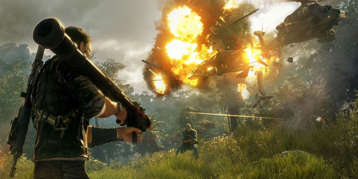 A helicopter explodes in a battle in Just Cause 4