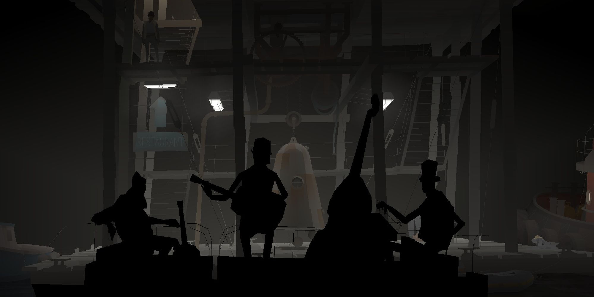 A band, seen only in silhouette, plays in a dark basement in Kentucky Route Zero