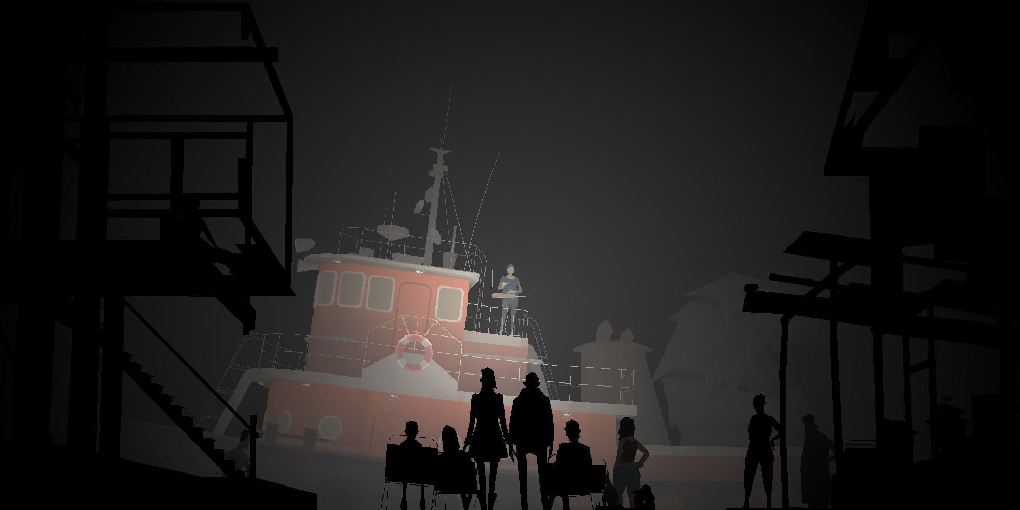 The cast of Kentucky Route Zero, seen in silhouette, gazes up at a red ferry boat