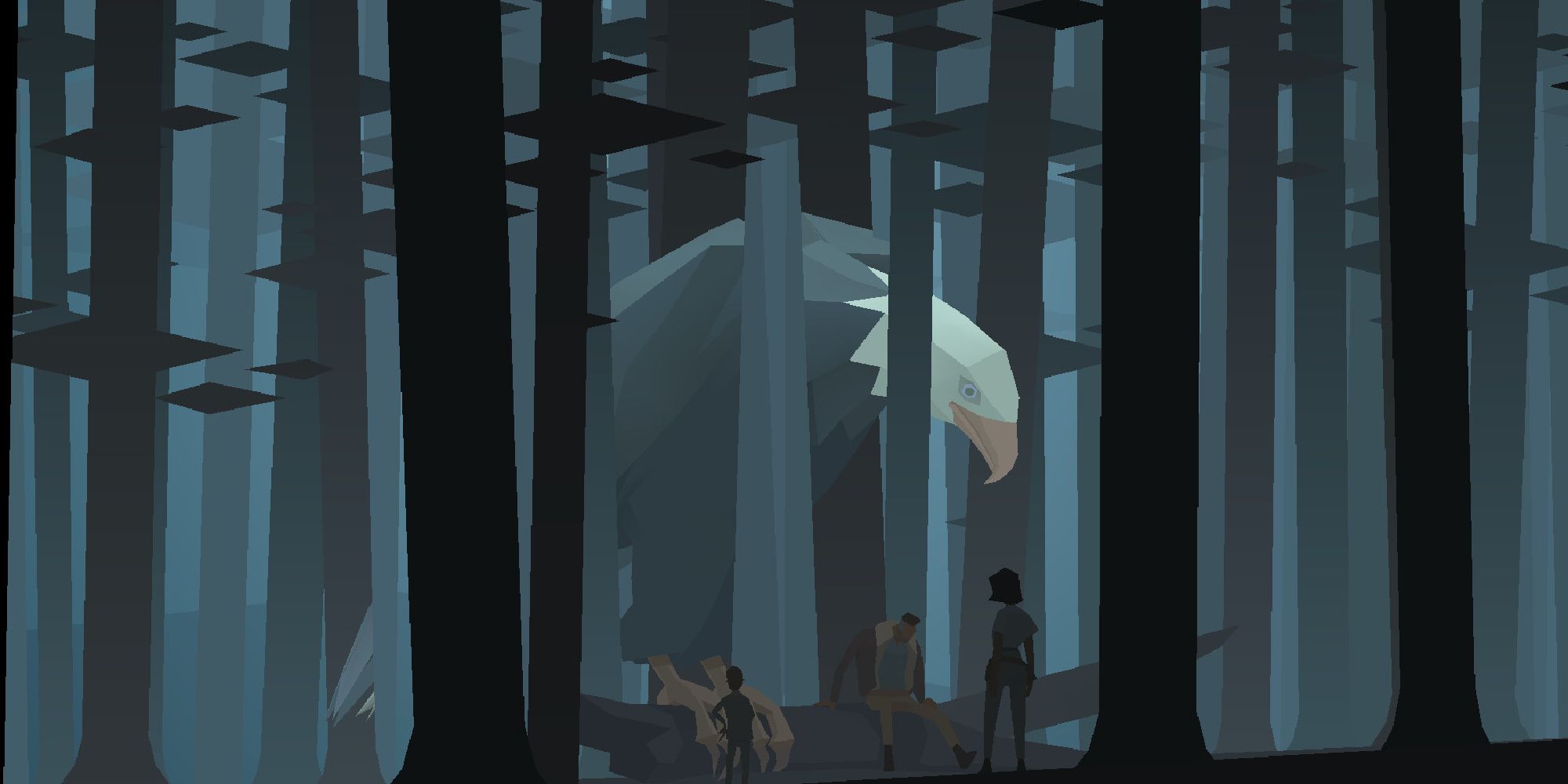 The characters stand in a dark forest around an eagle three times their size in Kentucky Route Zero