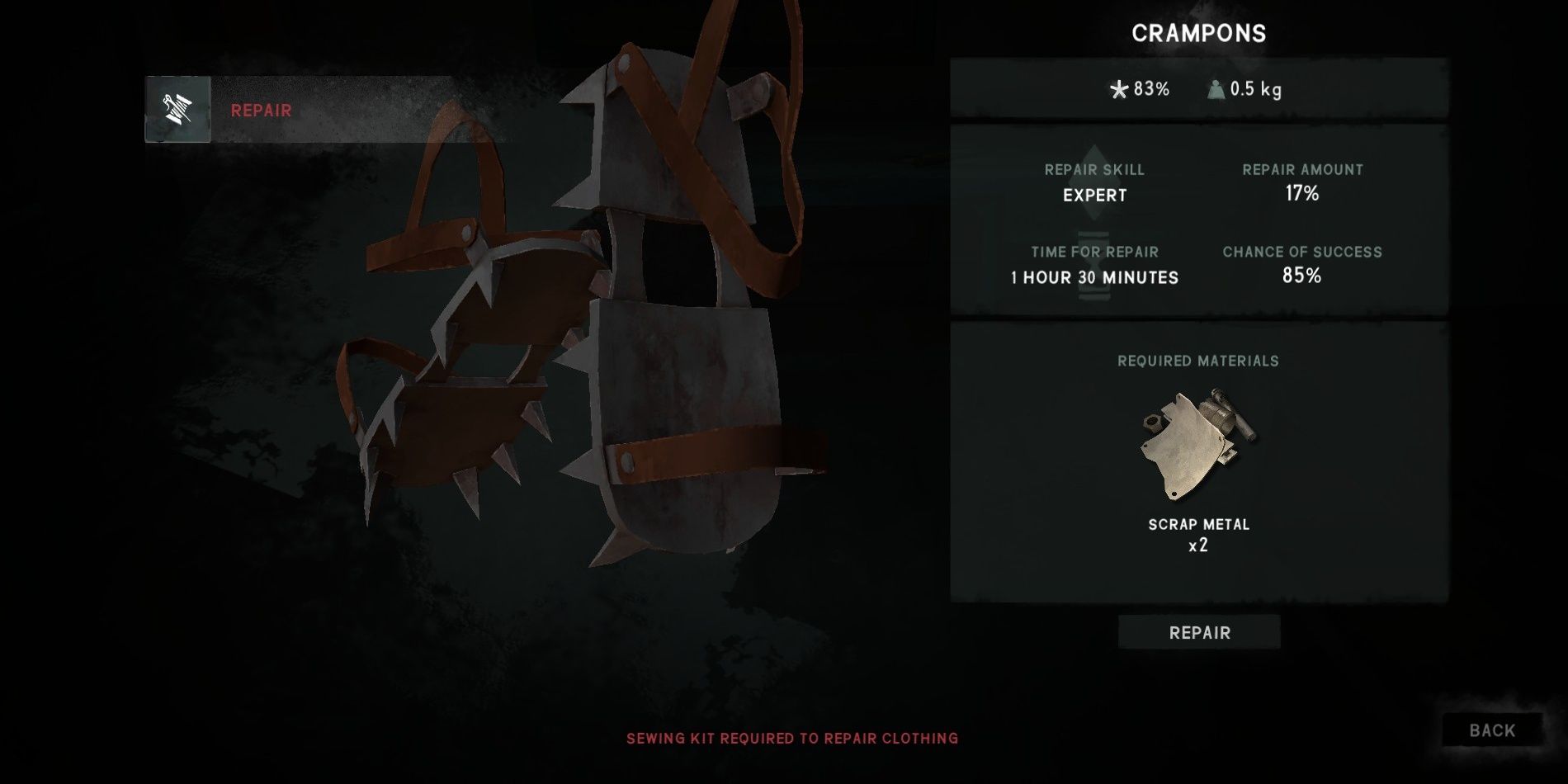 The Long Dark Crampons Irreparable Menu Repair Scrap Metal