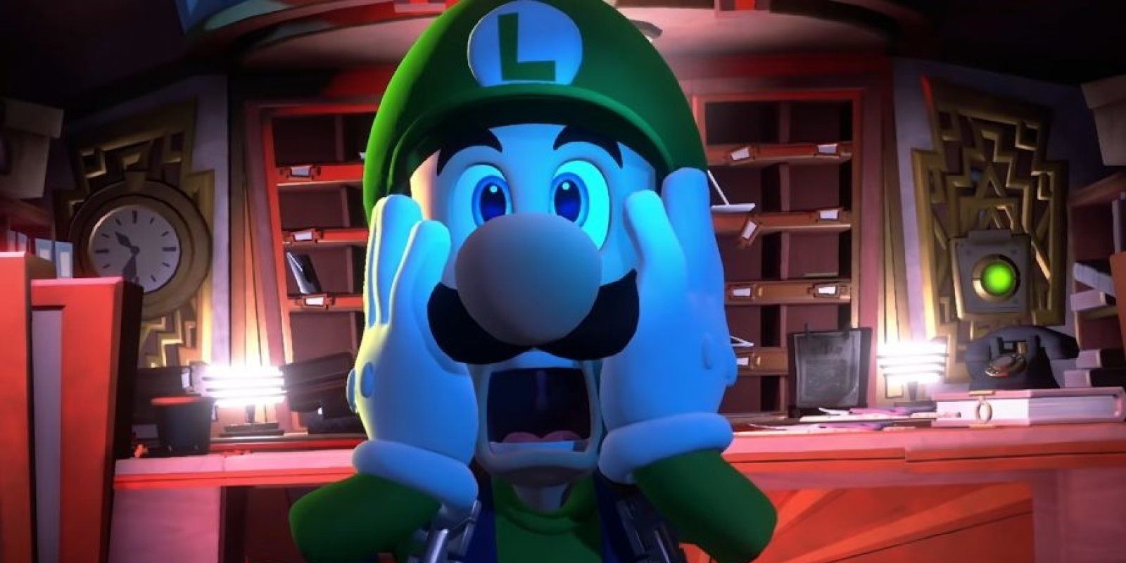 A screenshot showing a close up of Luigi looking petrified in Luigi's Mansion 3