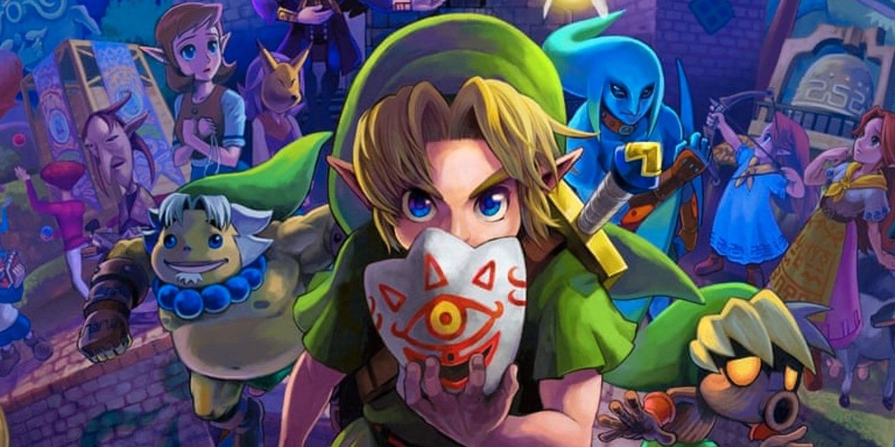 Link holding a mask in front of his face with various characters from the game behind him
