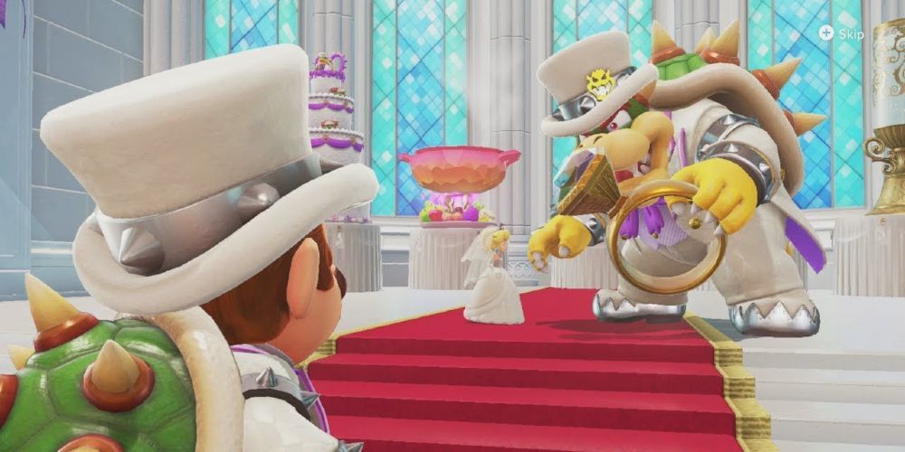 Mario looking on at what looks to be a wedding between Bowser and the Princess