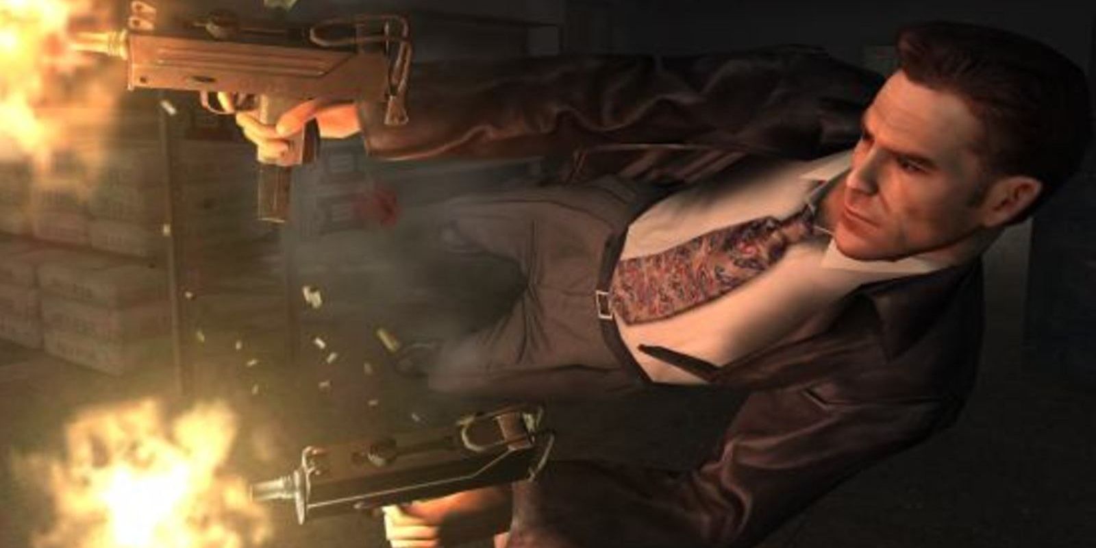 A screenshot showing Max Payne performing a bullet dodge in Max Payne 2: The Fall of Max Payne