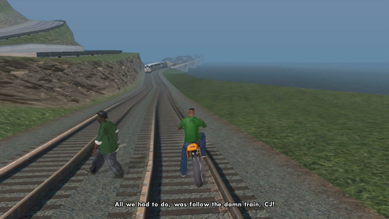 Big Smoke and CJ in the GTA San Andreas mission Wrong Side of the Tracks