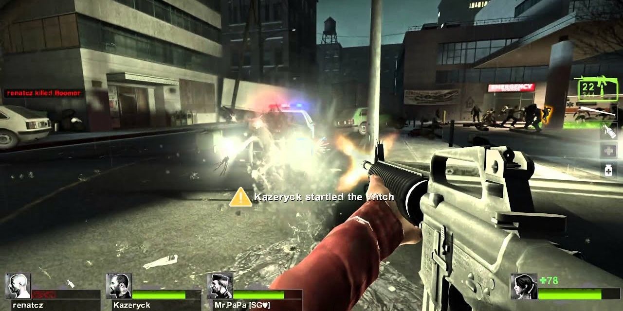Players shoot at a witch in Left 4 Dead 2