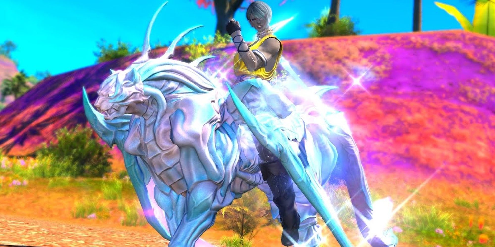 Final Fantasy 14 Lynx Of Divine Light With Rider On Vibrant Background