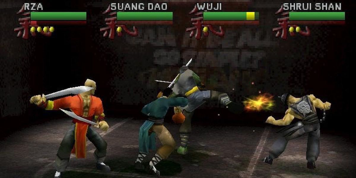 Four fighters battle in the Wu-Tang Shaolin Style PS1 game