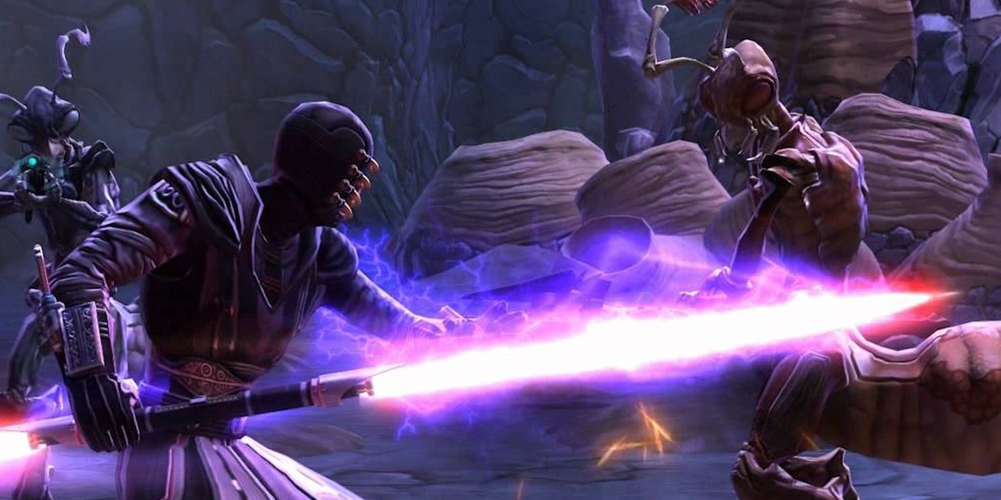 Star Wars The Old Republic Sith Inquisitor With Lightsaber Fighting Two Insectoids