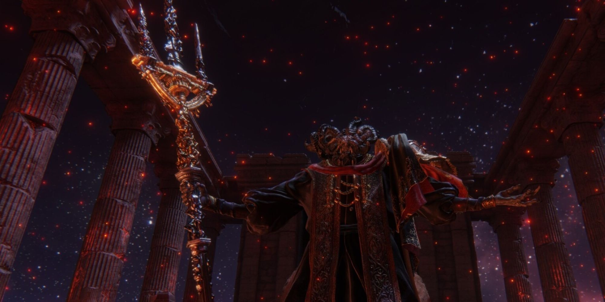 Lord of Blood's Moog stands with his holy spear in one hand and his other hand outstretched during a boss cutscene.