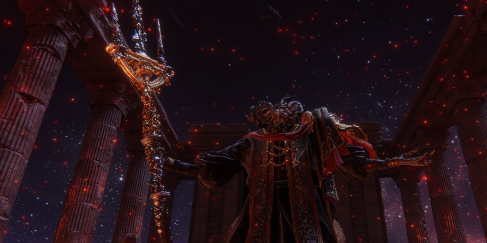 Mohg, Lord of Blood, stands with his Sacred Spear in one hand with the other outstretched during his boss cutscene.