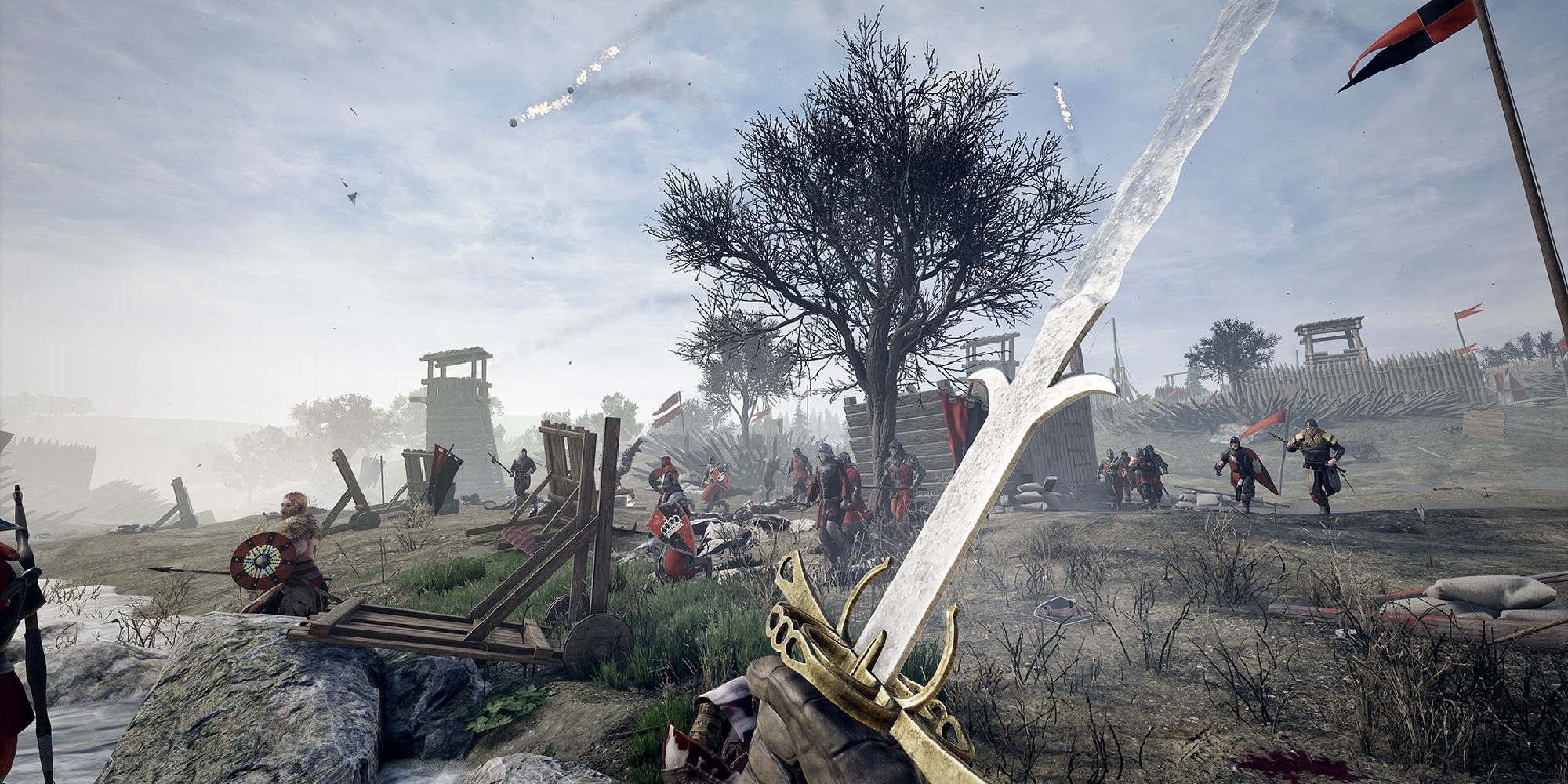 A player holding a sword gazes at a dangerous battlefield in Mordhau