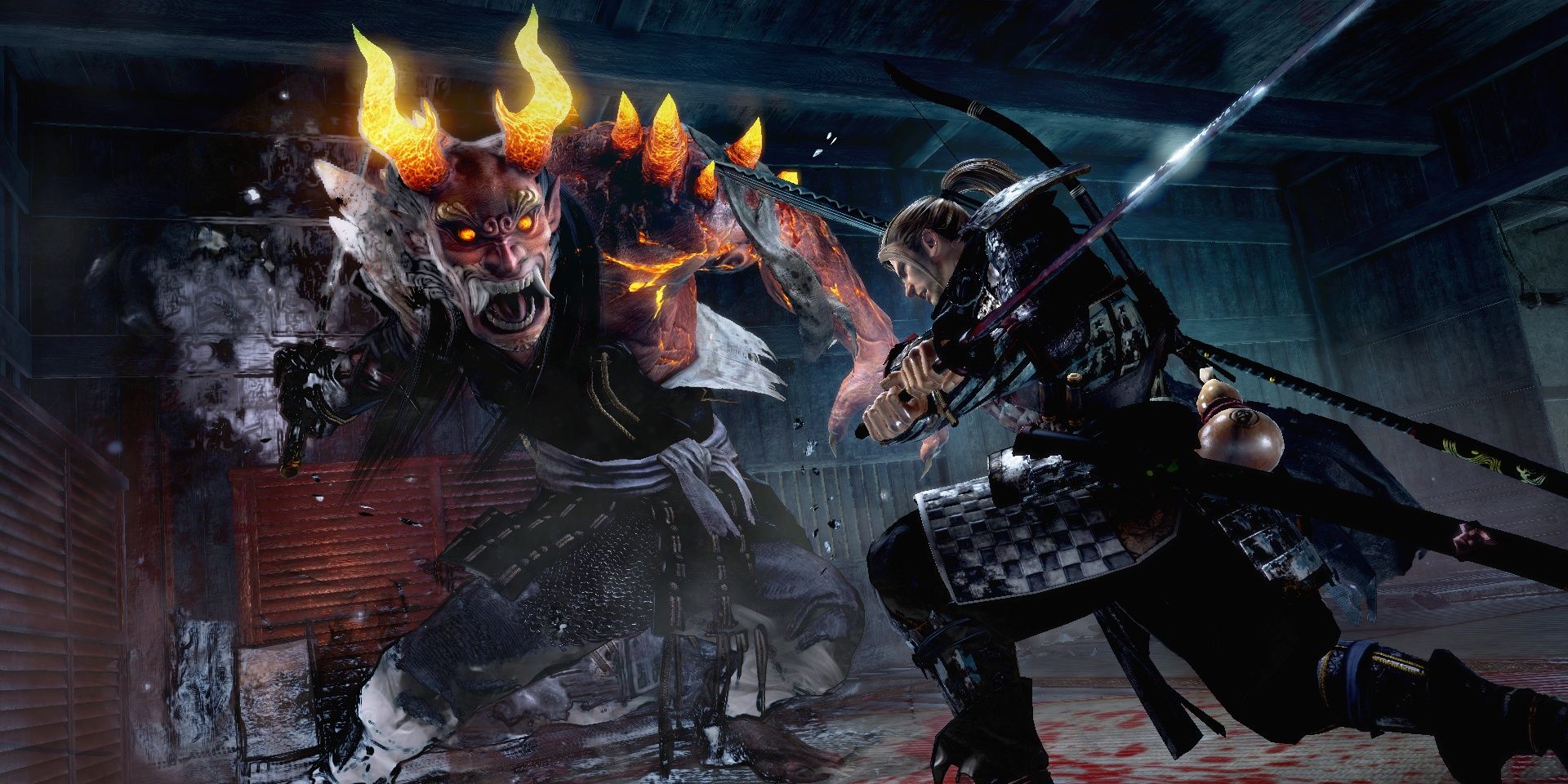 A screenshot showing William Adams fighting a demon in Nioh