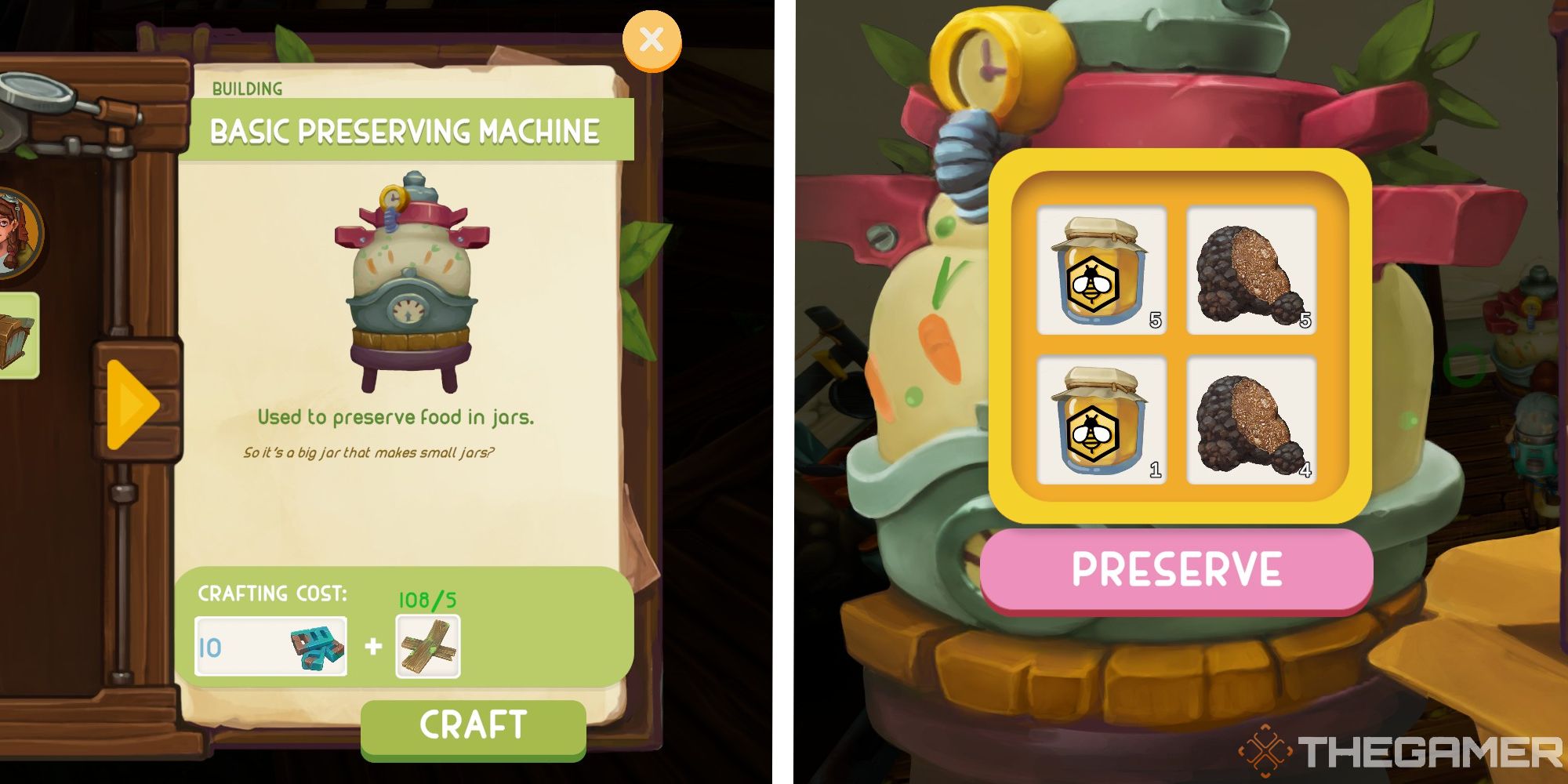 image of crafting screen for the preserving machine next to image of machine interface with honey and truffles placed