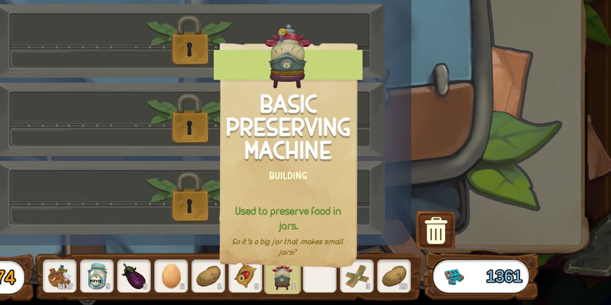player inventory screen with basic preserving machine highlighted