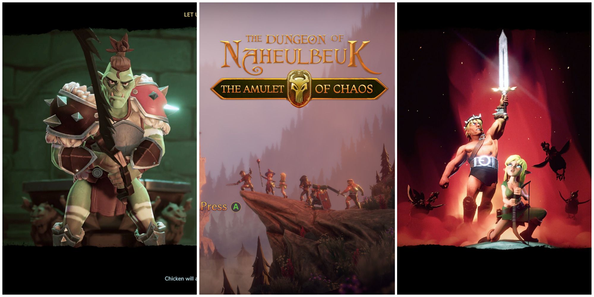 orc warrior with sword, title screen with castle and characters, barbarian and archer the dungeon of naheulbeuk the amulet of chaos featured